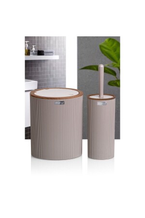 Striped Round Wooden Patterned Bathroom Accessory Set of 2 - Beige 03OKN139 - Okyanus Home