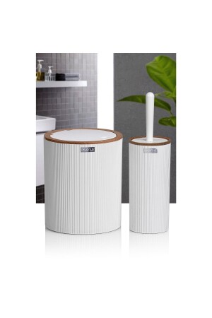 Striped Round Wooden Patterned Bathroom Accessory Set of 2 - White 03OKN139 - Okyanus Home