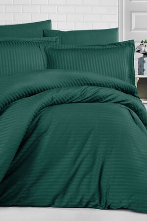 Striped Satin Double Duvet Cover Set Petrol Green 8681727128363 - Clasy