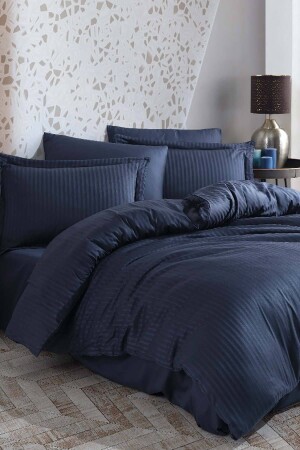 Striped Satin Double Jacquard Duvet Cover Set - Navy Blue EFB-RTL-HBY-ÇKSNVR-CZGL - Hobby