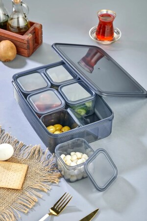 Striped Vacuum Breakfast Set with 6 Square Trays and Divided Lids ÖZ-KT-001 - özmen home