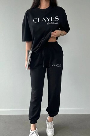 Studio T-shirt Eşofman Altı Jogger- Siyah Baskı Alt Üst Eşofman Takımı Oversize Bisiklet Yaka - Clayes