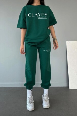 Studio T-shirt Eşofman Altı Jogger- Yeşil Baskı Alt Üst Eşofman Takımı Oversize Bisiklet Yaka - Clayes