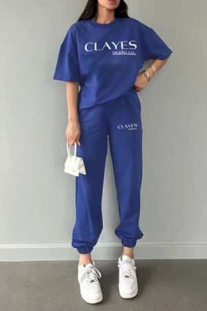 Studio T-Shirt Sweatpants Jogger - Saks Blue Printed Top and Bottom Tracksuit Set Oversize Crew Neck - Clayes