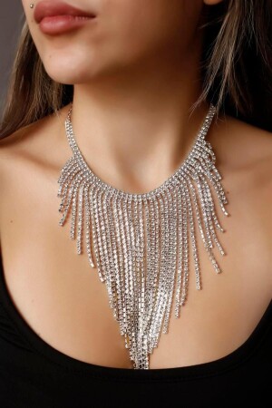 Stylish Body Accessory with Crystal Stone Tassels Tassel Necklace Fringed Necklace Choker Silver - Hubann