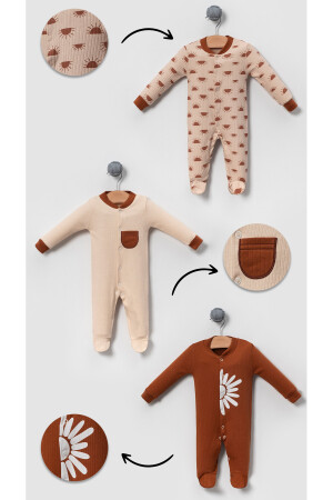 Sun Patterned Combed Cotton Baby Jumpsuit Set of 3-Multi Color - Bubito
