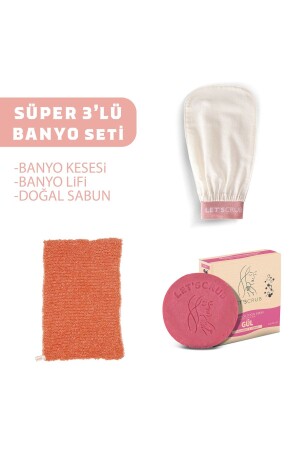 Super 3-Piece Bath Set Ecru Bath Washcloth Natural Rose Essence Soap Orange Bath Loofah SUPER3LU - LET'SCRUB