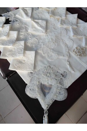 Tablecloth Set for 12 People - Table Set for 12 People 26 Pieces 160x220cm Half Lace - Çt Çeyizci Tekstil