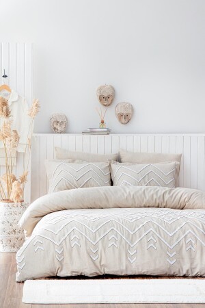 Talya Doppelbett-Bettbezug-Set, 100 % Baumwolle, Leinen, bestickt, cremebeige, 200 x 220 cm, TYC00837301176 - Ecocotton