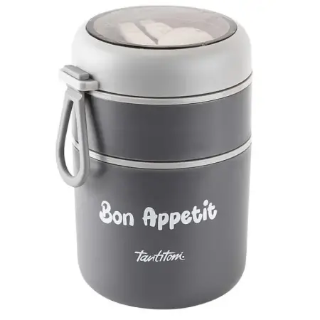 Tantitoni 2-Layer Smoked-Gray Stainless Steel Food Carrier Container with Plastic Spoon 710ml - TANTITONI