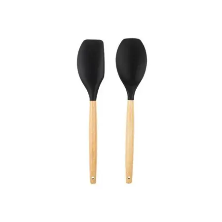Tantitoni Bamboo Handle Black Silicone Large Spoon and Spatula Set - TANTITONI