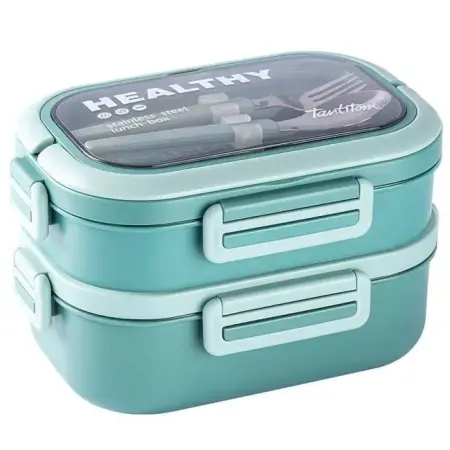 Tantitoni Green Stainless Steel Rectangular 2-Tier Food Carrying Container with Fork and Spoon, 1.65l - TANTITONI