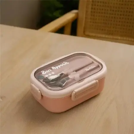 Tantitoni Pembe Paslanmaz Çelik Dikdörtgen Çatal Ve Kaşıklı Yemek Taşıma Kabı 850Ml - TANTITONI