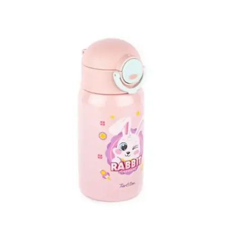 Tantitoni Pembe Tavşan Desenli Pipetli Paslanmaz Çelik Çocuk Termosu 400ml - TANTITONI