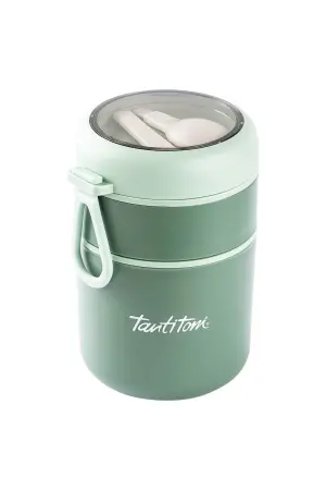 Tantitoni Yeşil Paslanmaz Çelik Yuvarlak 2 Katlı Plastik Kaşıklı Yemek Taşıma Kabı 710ML - TANTITONI