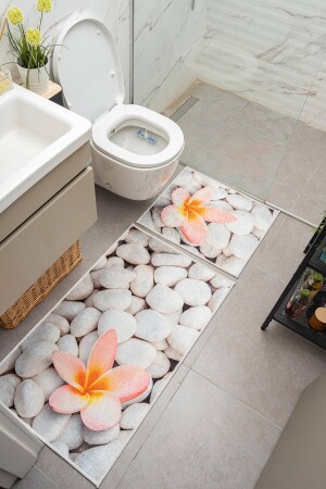 Taş Desenli Beyaz Pembe Kaymaz Taban Yıkanabilir Kadife 2'li Banyo Paspası 8732 - Oriente Home