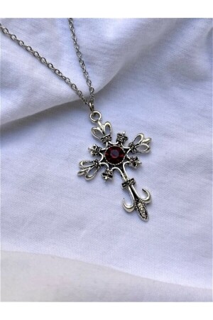 Taşlı Gotik Kırmızı Anahtar Gümüş Renk Unisex Kolye - Sleyshop