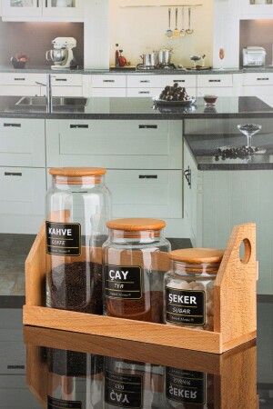 Tea, Coffee And Sugar Glass Jar Set. - Vacuum Wooden Cover & Stand & Label - LuxSeri - Karçiçeği Home