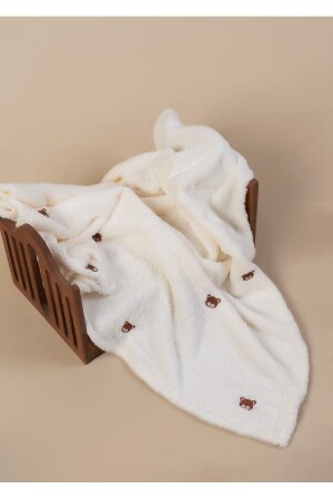 Teddy Bear Patterned Embroidered Baby Blanket 90 X 110 Cream Wellsoft - Denshaus