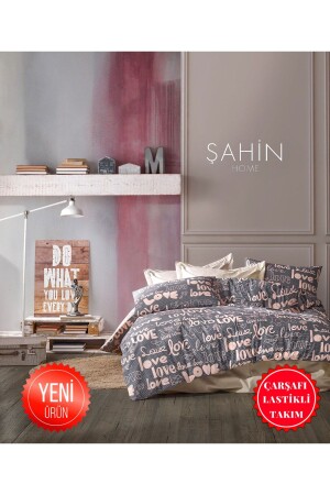 Teenager's Room and Children's Room Gray Love Pattern Single Duvet Cover Set with Elastic Sheets Lovetek - Şahinhome