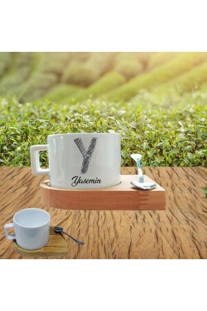 Teetasse mit Holztablett namens Jasmine mit dem Buchstaben Y ÇFN27081426 - Kitle Promosyon