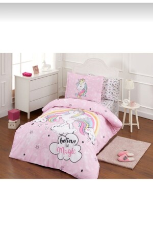 Single Bed Sheet Elastic Duvet Cover Set Unicorn Pink Unicoftdnev - Özdilek