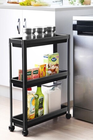 Tekerlekli Raf Ünitesi 3 Katlı Siyah Banyo Rafı Mutfak Rafı Servis Sehpası Organizer DNZVSKN100B - DEYHOME