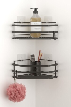 Teknotel 2 Pieces Bathroom Corner Shelf with Adhesive Hooks Matte Black St277h ST277 - Tekno-tel