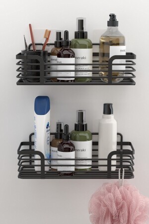 TEKNOTEL ADHESIVE 2 PIECES BATHROOM SHELVES WITH HOOKS MATTE BLACK ST284H - Tekno-Tel