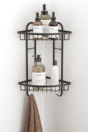 Teknotel Adhesive 2-Tier Bathroom Corner Shelf with Hooks Matte Black St307 11. ST. 307. 02 - Tekno-tel