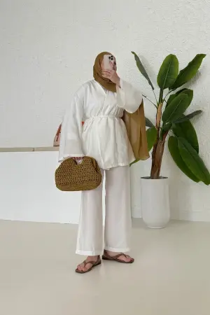 Tensel Kruvaze Kapama Kimono Takım Beyaz - Nuuwears
