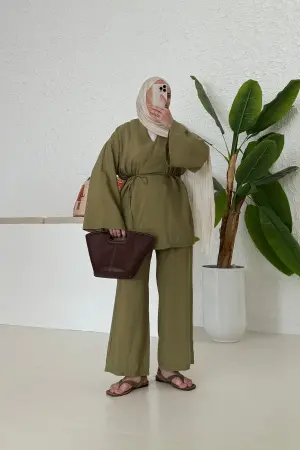 Tensel Kruvaze Kapama Kimono Takım Yağ Yeşili - Nuuwears