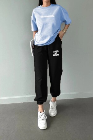 Thatssofetch Baby Blue T-shirt Black Sweatpants Jogger - Printed Bottom Top Set Crew Neck - Dubu Butik