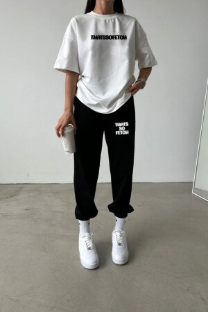 Thatssofetch Beyaz T-shirt Siyah Eşofman Altı Jogger - Baskılı Alt Üst Takım Bisiklet Yaka - Dubu Butik