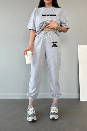 Thatssofetch T-shirt Eşofman Altı Jogger - Gri Baskı Alt Üst Eşofman Takımı Oversize Bisiklet Yaka - Dubu Butik