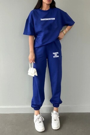 Thatssofetch T-shirt Eşofman Altı Jogger - Mavi Baskı Alt Üst Eşofman Takımı Oversize Bisiklet Yaka - Dubu Butik