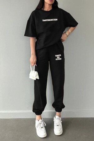Thatssofetch T-shirt Eşofman Altı Jogger - Siyah Baskı Alt Üst Eşofman Takımı Oversize Bisiklet Yaka - Dubu Butik