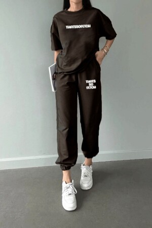 Thatssofetch T-Shirt Sweatpants Jogger - Brown Print Bottom Top Tracksuit Set Oversize Crew Neck - Dubu Butik