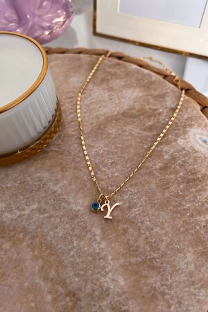 Thin Chain Necklace with Letter Y and Evil Eye Pendant - Trendy Butik