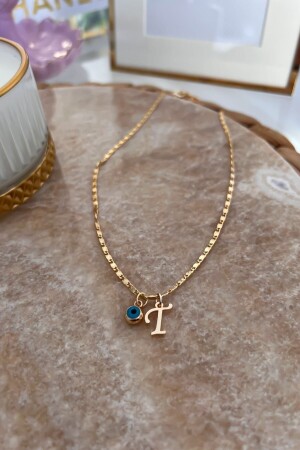 Thin Chain Necklace with T Letter and Evil Eye Pendant - Trendy Butik