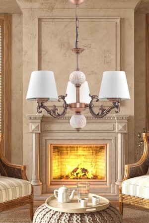 Three-Armed Zamak Chandelier with Copper Cream Tiled Cream Hat ÜÇZMKBKRKRM - DEDE
