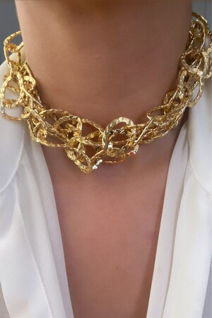 Three Row Gold Chain Necklace with Star Embroidery - Sose Moda