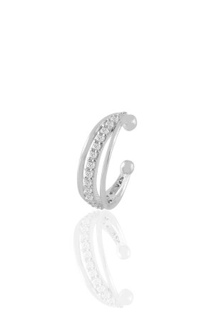 Three Rows of Compressed Single Cartilage Earrings with Silver Rhodium and Zircon Stones - Söğütlü Silver
