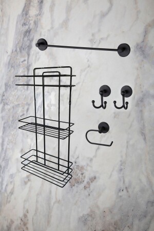 Three Tier Bathroom Shelf, Shampoo Holder - Black, Long Towel Holder Toilet Roll Holder 2 Bathrobe Holders - matte black EVNTS1003-02-03 - evina