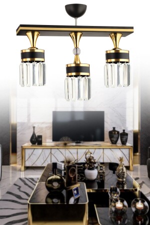 Tiefer 3-teiliger, glamouröser moderner Kronleuchter aus Kristallstein in Schwarz bis Gold 3016 - KUZEY AYDINLATMA