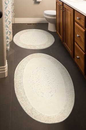 Tiffany Oval 2-Piece Cotton Toilet Set Cream Bath Mat Set - Madame Clean Home