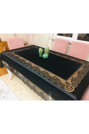Tile Patterned, Carefree, Stain-Proof, Lacy Tablecloth, Black 160x220 Cm - Madame Clean Home