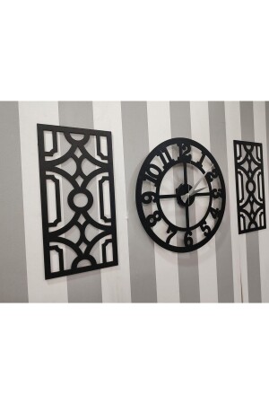 Time Collection 3 Piece Fero Decorative Wall Clock with Latin Numerals (BLACK) 4040-3PT-SAAT - Wooden Factory