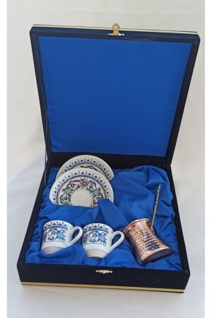 Topkapi Porcelain Cup Set with Velvet Boxed Copper Coffee Pot 0202 - Nihal Süeda