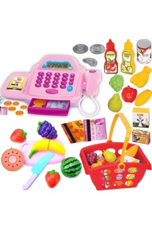 Toy Cash Register Battery Operated with Voice Barcode Scanner + Market Basket + Cuttable Fruit and Vegetable Set - Depomiks Avm